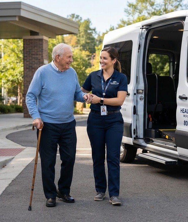 Health Link Tranz driver assisting a patient outside a medical facility