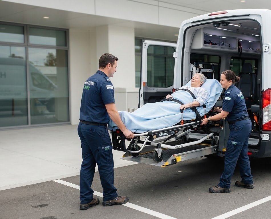 Attendants loading a patient on a stretcher into a transport vehicle